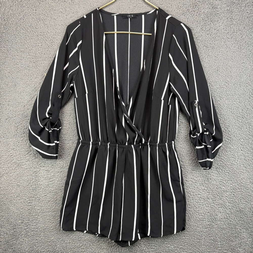 IRIS Womens Black White‎ Striped V-Neck Surplice Romper Size Medium